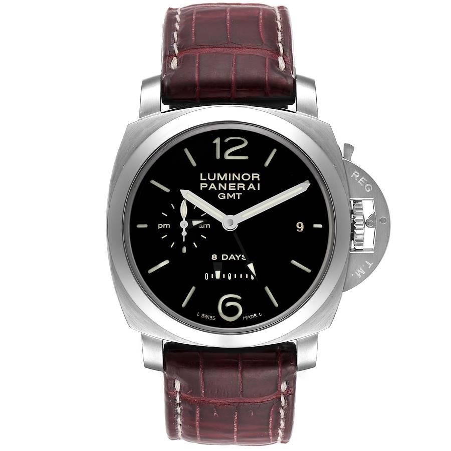 Panerai Luminor 1950 8 Days GMT 24H Steel Mens Watch PAM00233. Manual-winding movement. Caliber P.2002, 21 jewels, Glucydur balance, 28,800 alternations/hour. KIF Parechoc anti-shock device. Power reserve 8 days with linear indicator, three barrels,