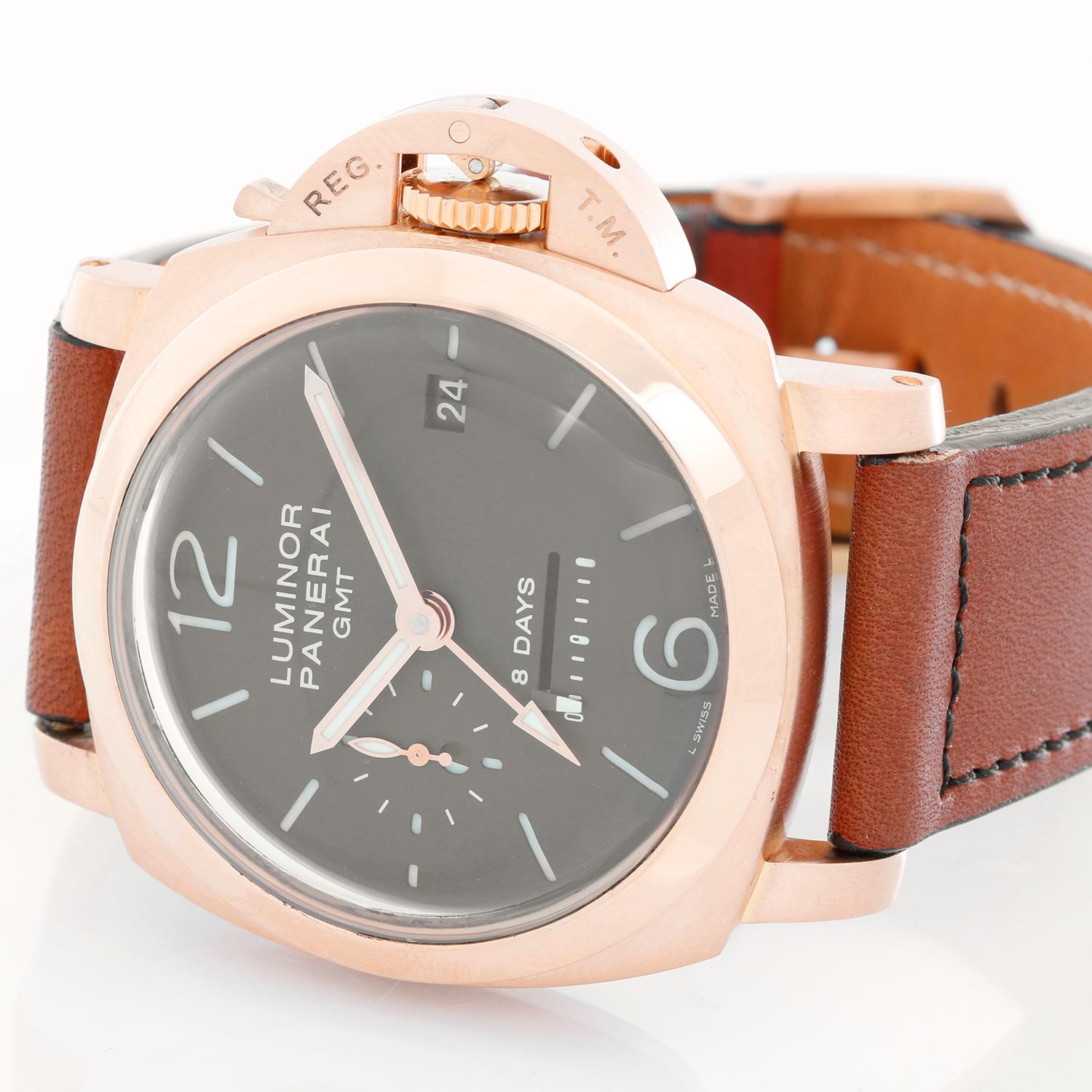 Panerai Luminor 1950 8 Days GMT Men's 18k Rose Gold Watch PAM 289 - Manual winding. 18k rose gold case with exposition back (44mm diameter). Brown dial with luminous style stick markers and Arabic numerals; date at 3 o'clock; 8-day power reserve