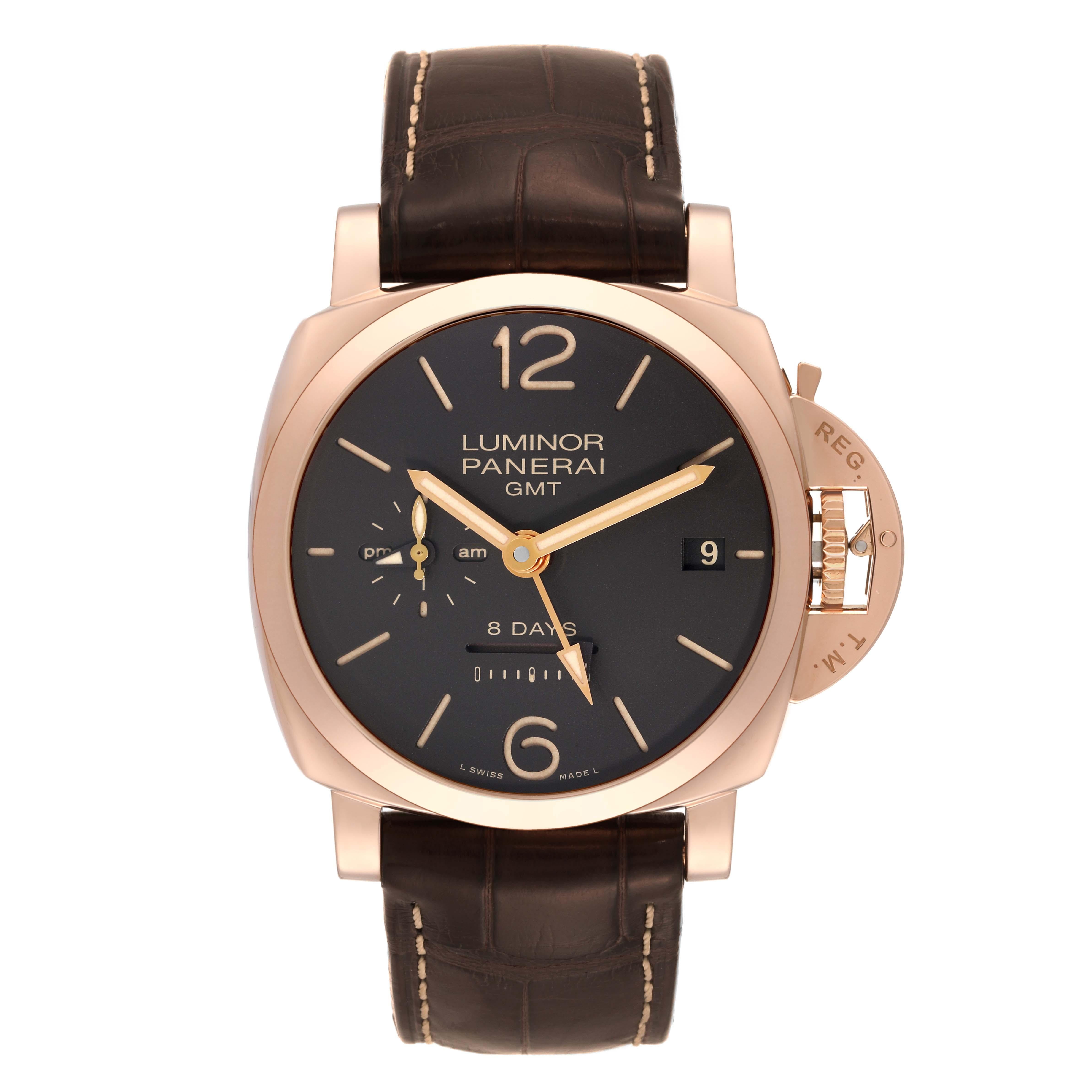 Panerai Luminor 1950 8 Days GMT Rose Gold Mens Watch PAM00576 Papers. Manual-winding movement. Glucydur balance, 28,800 alternations/hour. KIF Parechoc anti-shock device. 8-day power reserve with linear indicator, three barrels. 18k rose gold