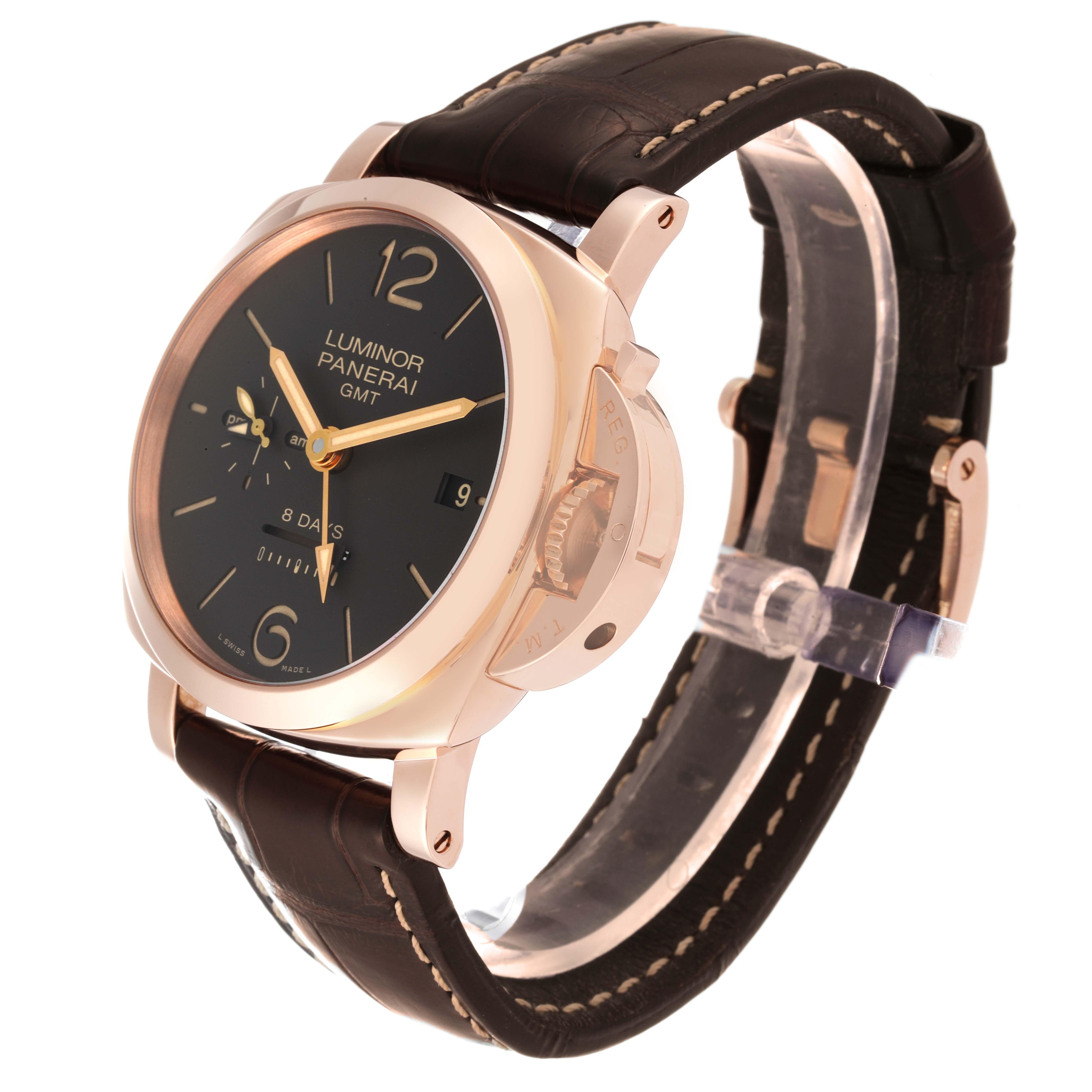 Panerai Luminor 1950 8 Days GMT Rose Gold Mens Watch PAM00576 Papers In Excellent Condition For Sale In Atlanta, GA