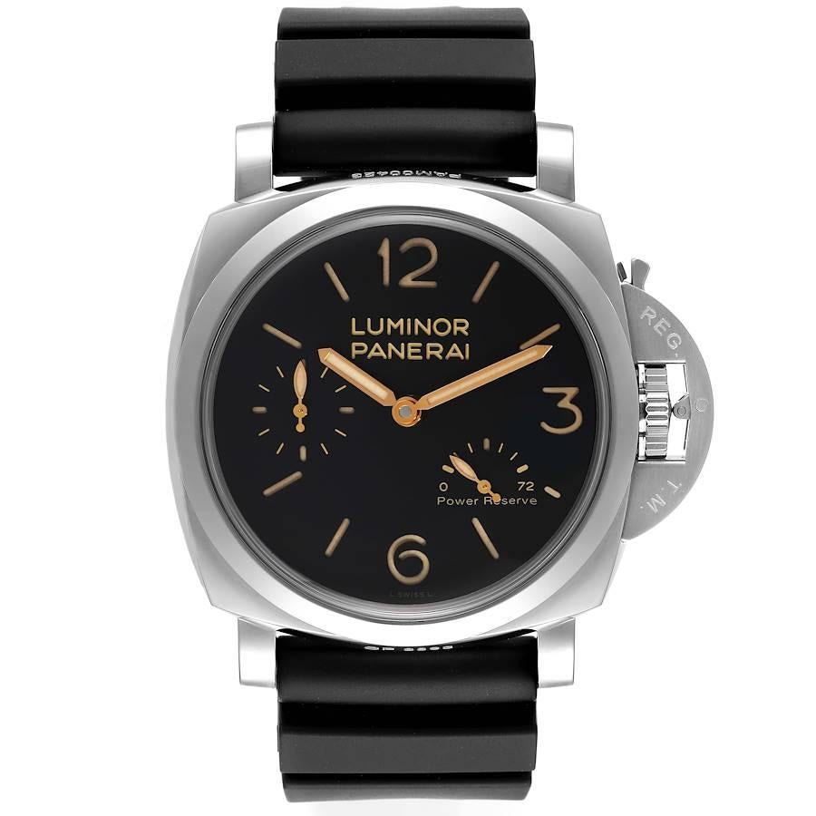 Panerai Luminor 1950 Acciaio 3 Days Power Reserve Watch PAM00423 Box Papers. Manual winding movement. Stainless steel cushion shaped case 47 mm in diameter. Panerai patented crown protector. Exhibition sapphire caseback. Stainless steel sloped