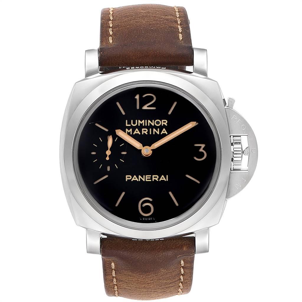 Panerai Luminor 1950 Acciaio 47mm 3 Days Power Reserve Watch PAM00422. Manual winding movement. Caliber P.3001. Stainless steel cushion shaped case 47 mm in diameter. Panerai patented crown protector. Exhibition sapphire caseback. Stainless steel