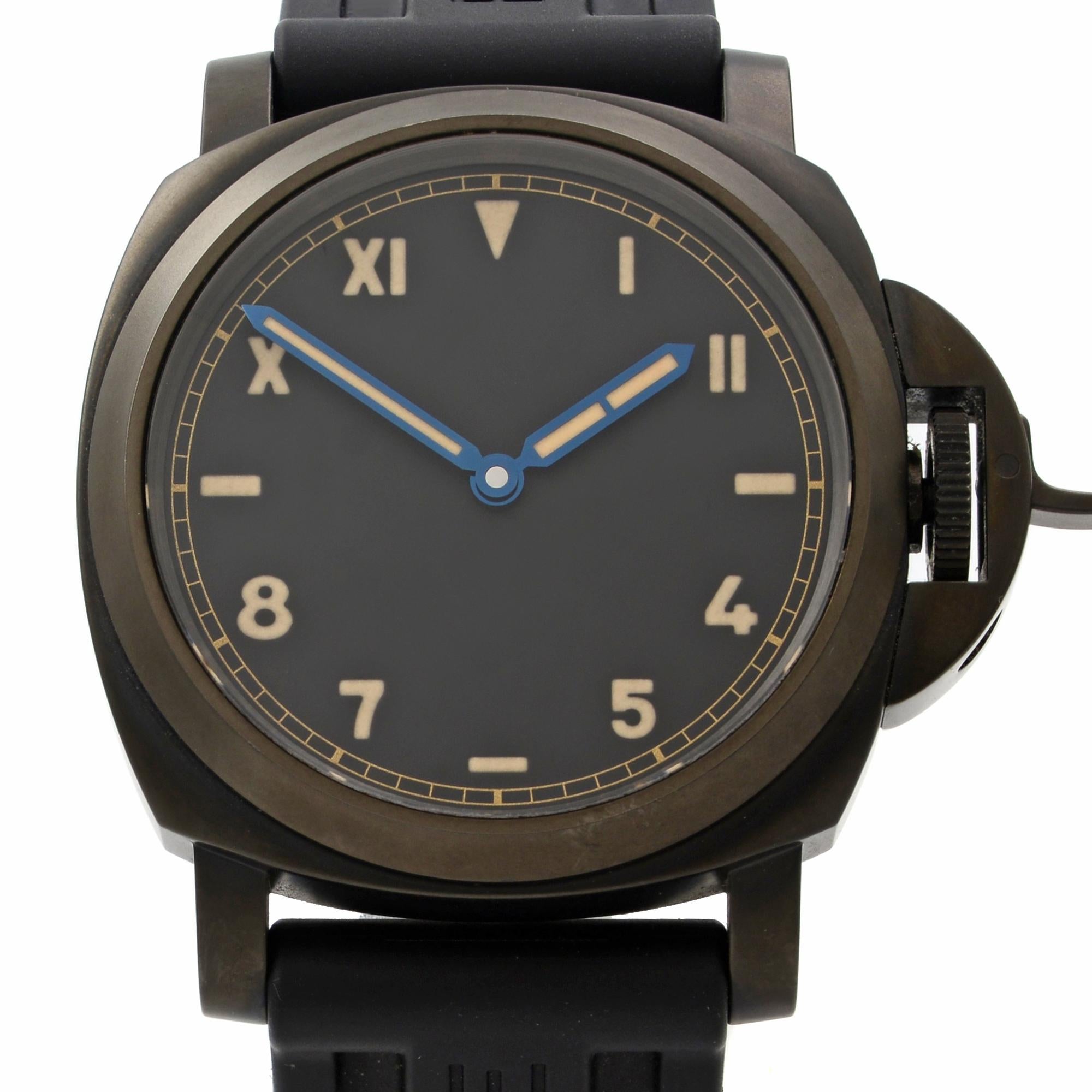This pre-owned Panerai Luminor 1950 PAM00779 is a beautiful men's timepiece that is powered by mechanical (hand-winding) movement which is cased in a titanium case. It has a round shape face, no features dial and has hand arabic numerals, roman