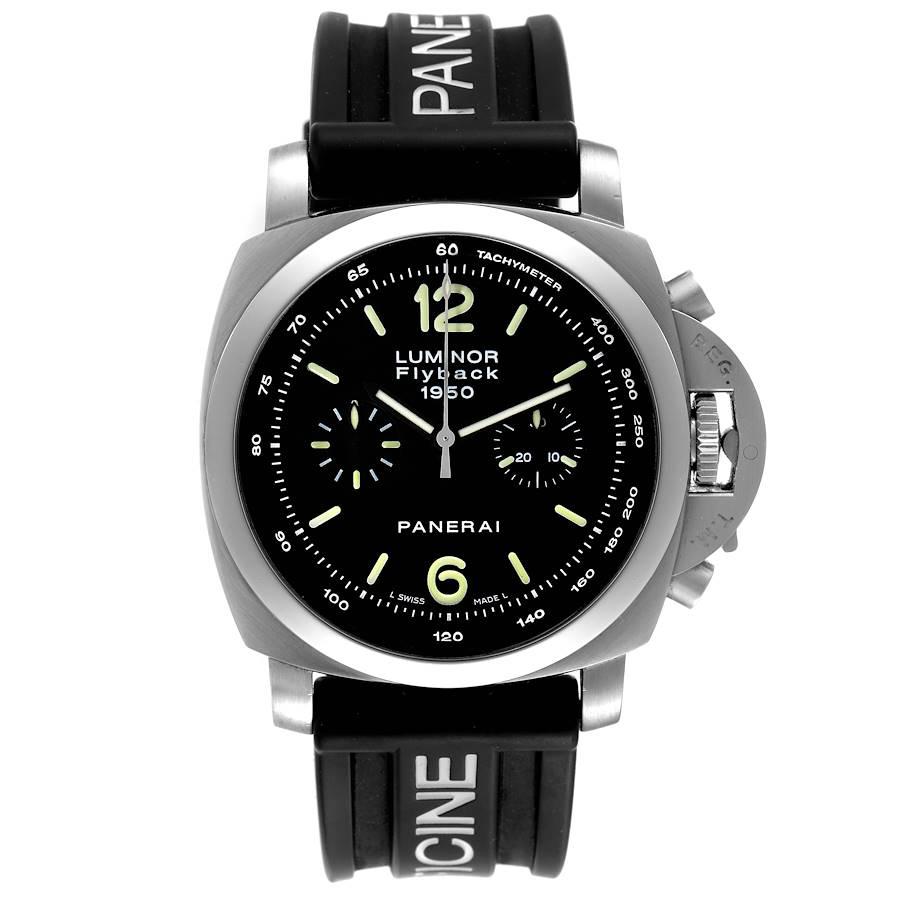 Panerai Luminor 1950 Flyback Chronograph Steel Mens Watch PAM00212 Box Papers. Automatic self-winding movement. Flyback chronograph function. Two part cushion shaped stainless steel case 44.0 mm in diameter. Panerai patented crown protector.