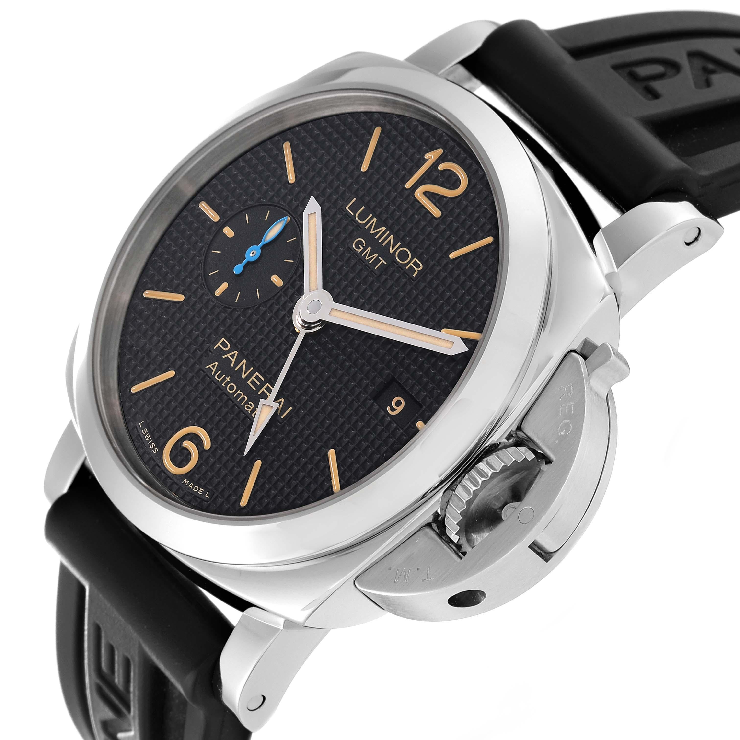 Panerai Luminor 1950 GMT 42mm Steel Mens Watch PAM01535 Papers. Automatic self-winding movement. Caliber P.9011. Stainless steel cushion shaped case 42 mm in diameter. Panerai patented crown protector. Transparent exhibition sapphire crystal