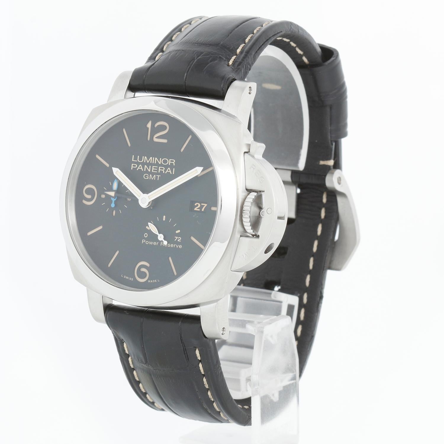 Panerai Luminor 1950 GMT 44mm Steel Mens Watch PAM01321 - Automatic. Stainless steel case ( 44 mm ). Black dial with luminous hands and index hour markers. Arabic numerals at 6, 9, and 12. Small seconds sub-dial located at the 9 o'clock position, 72