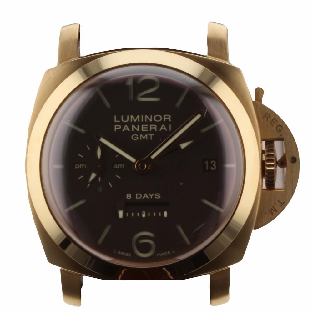 Contemporary Panerai Luminor 1950 GMT 8 Days 18 Karat Rose Gold Brown Watch PAM00576 PAM 576 For Sale