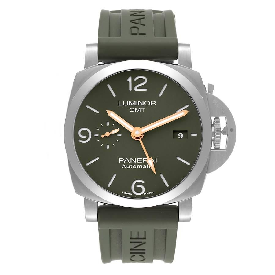 Panerai Luminor 1950 GMT Green Dial MS Dhoni Edition Watch PAM01056 Box Card. Automatic self-winding movement. Two part cushion shaped stainless steel case 44.0 mm in diameter. Polished Panerai patented crown protector. Case back has a 'Mahendra