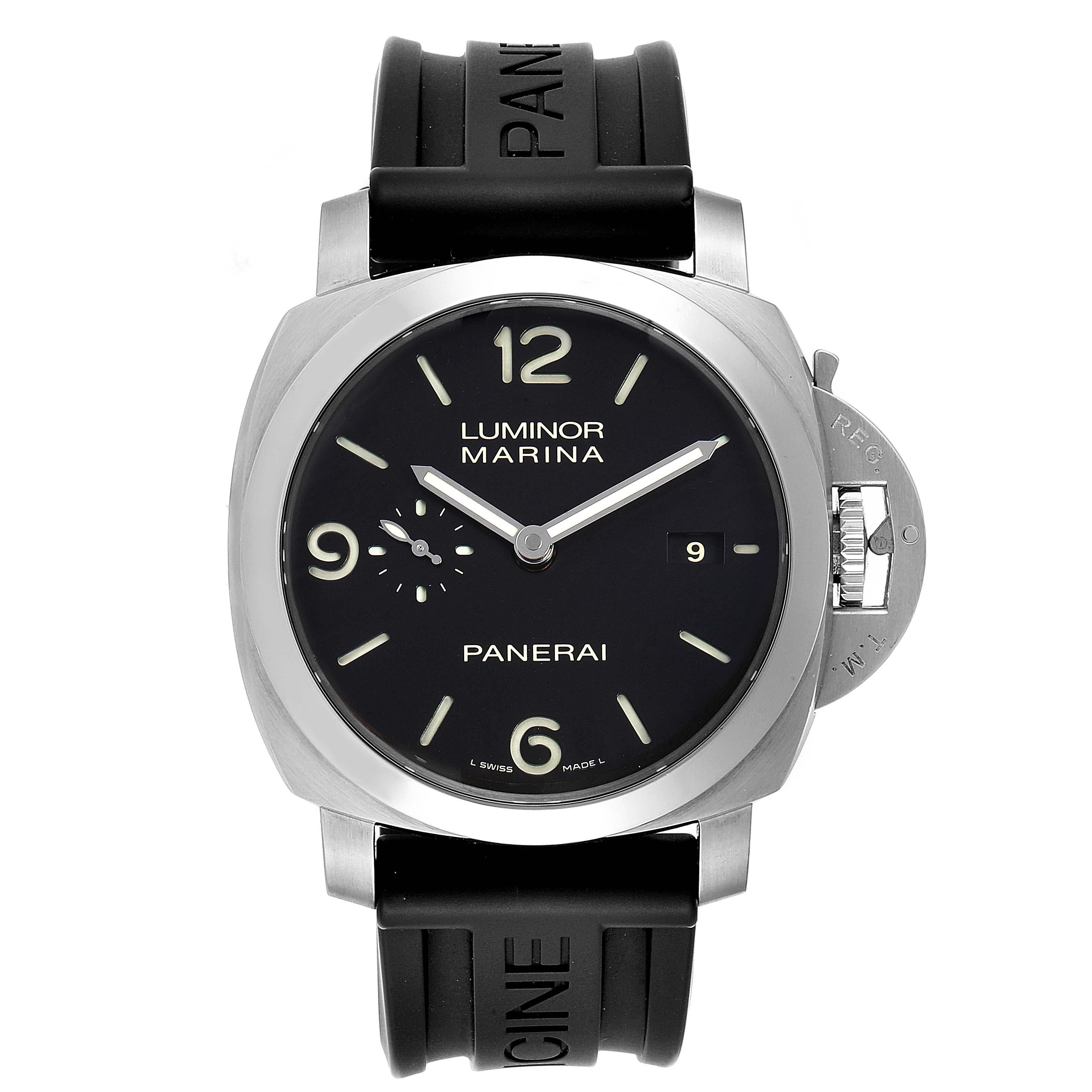 Panerai Luminor 1950 Marina Mens 44mm Watch PAM00312 Box Papers. Automatic self-winding movement. Two part cushion shaped stainless steel case 44.0 mm in diameter. Exhibition case back. Polished Panerai patented crown protector. Polished stainless