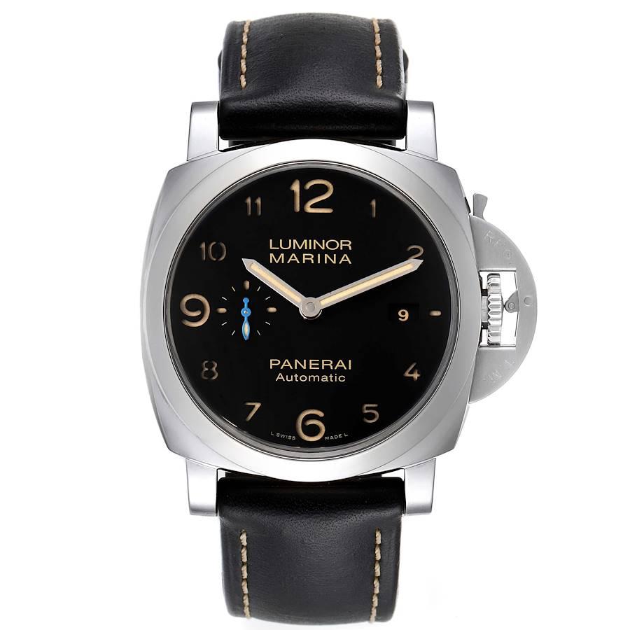 Panerai Luminor 1950 Marina Mens 44mm Watch PAM01359 Box Papers. Automatic self-winding movement. Two part cushion shaped stainless steel case 44.0 mm in diameter. Exhibition case back. Polished Panerai patented crown protector. Polished stainless