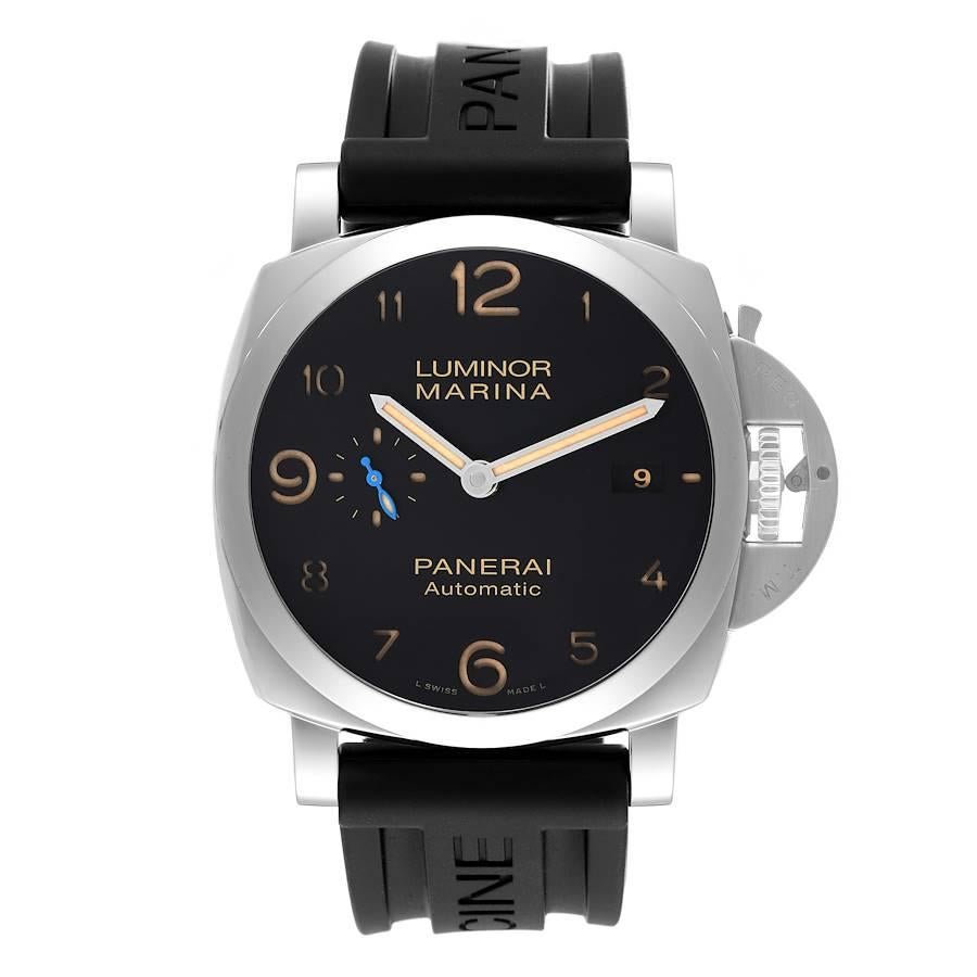 Panerai Luminor 1950 Marina Mens 44mm Watch PAM01359 Box Papers. Automatic self-winding movement. Two part cushion shaped stainless steel case 44.0 mm in diameter. Exhibition case back. Polished Panerai patented crown protector. Polished stainless