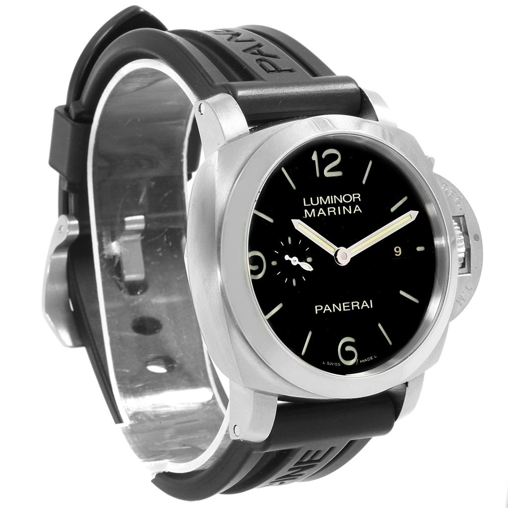 Panerai Luminor 1950 Marina Mens 44mm Watch PAM00312 PAM312. Automatic self-winding movement. Two part cushion shaped stainless steel case 44.0 mm in diameter. Exhibition case back. Polished Panerai patented crown protector. Polished stainless steel