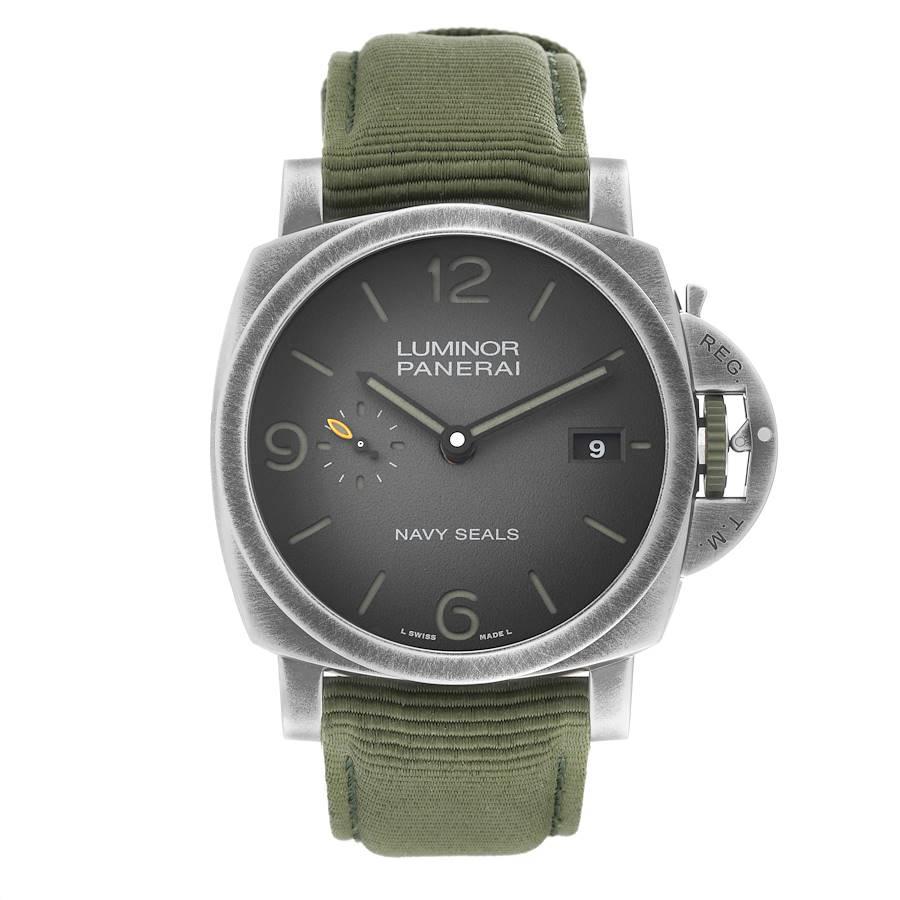 Panerai Luminor 1950 Navy Seals Limited Editon Mens 44mm Watch PAM01412 Box Card. Automatic self-winding movement. Two part cushion shaped brushed esteel case 44.0 mm in diameter.  Green rubber crown, Panerai patented crown protector. Navy Seals