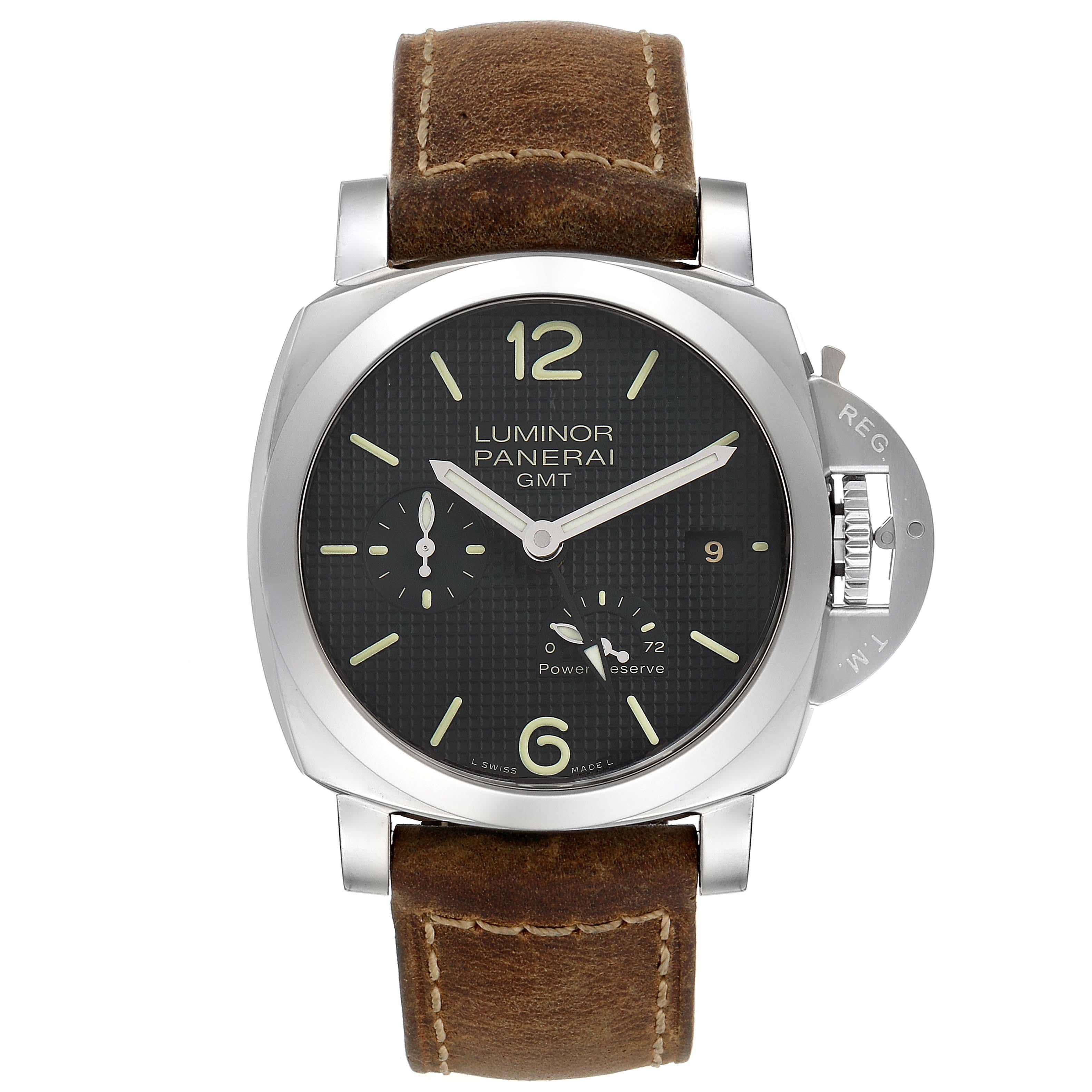 Panerai Luminor 1950 Power Reserve 3 Day GMT Mens Watch PAM00537. Automatic self-winding movement. Caliber P.9002. Two part cushion shaped stainless steel case 42.0 mm in diameter. Brushed Panerai patented crown protector. Polished stainless steel