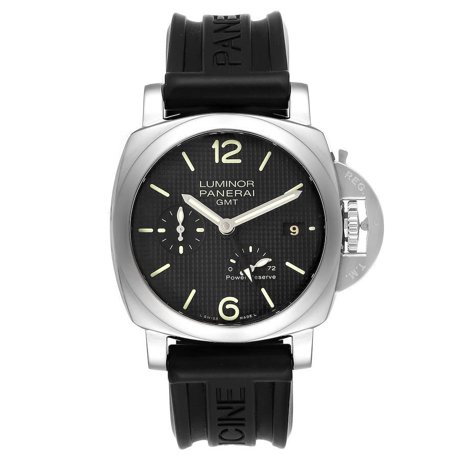 Panerai Luminor 1950 Power Reserve 3 Day GMT Watch PAM00537 Box Papers. Automatic self-winding movement. Caliber P.9002. Two part cushion shaped stainless steel case 42.0 mm in diameter. Brushed Panerai patented crown protector. Polished stainless