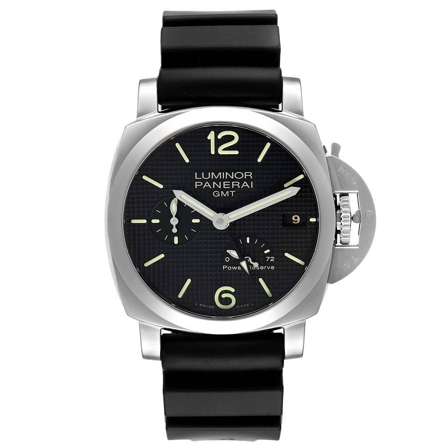Panerai Luminor 1950 Power Reserve 3 Day GMT Watch PAM00537 Box Papers. Automatic self-winding movement. Two part cushion shaped stainless steel case 42.0 mm in diameter. Brushed Panerai patented crown protector. Polished stainless steel sloped