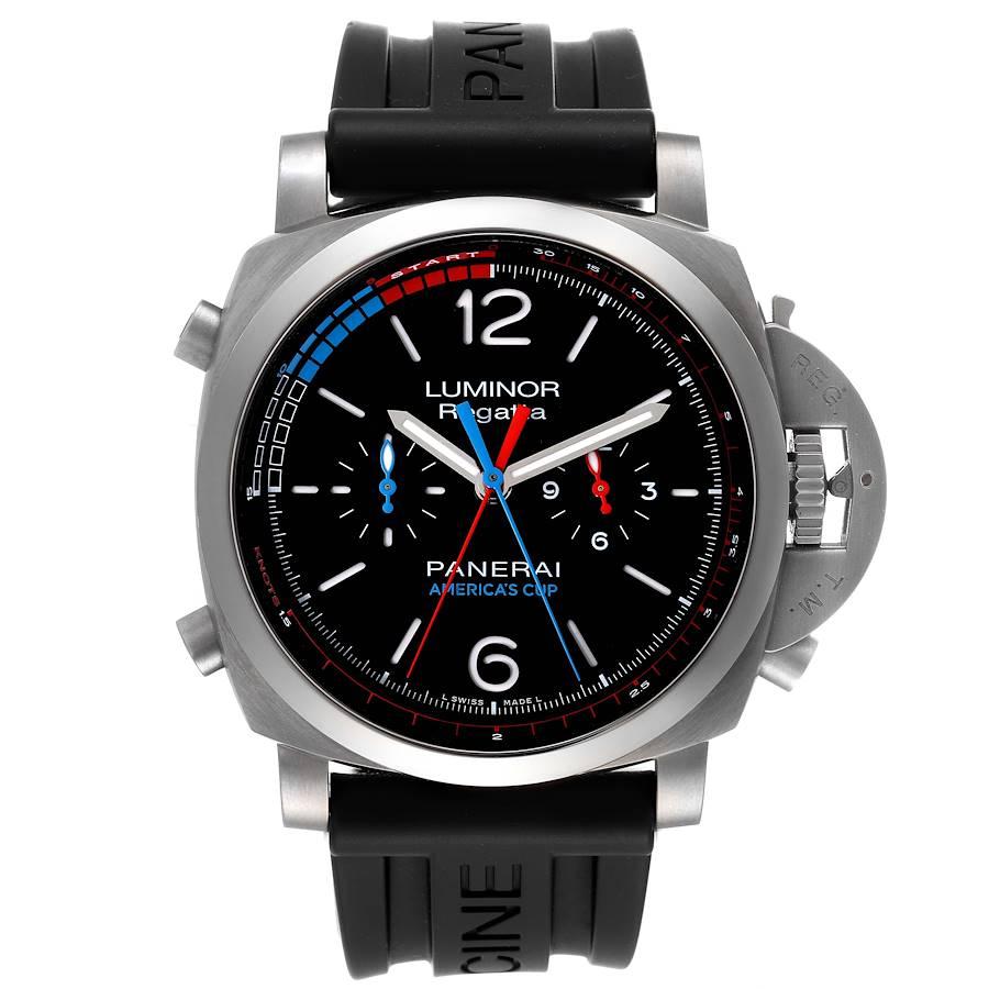 Panerai Luminor 1950 Regatta 47mm Oracle Team USA Uhr PAM00726 Box Papiere. Automatisches Uhrwerk mit Selbstaufzug. Zweiteiliges kissenförmiges Gehäuse aus gebürstetem Titan mit einem Durchmesser von 47,0 mm. Patentierter Kronenschutz von Panerai.