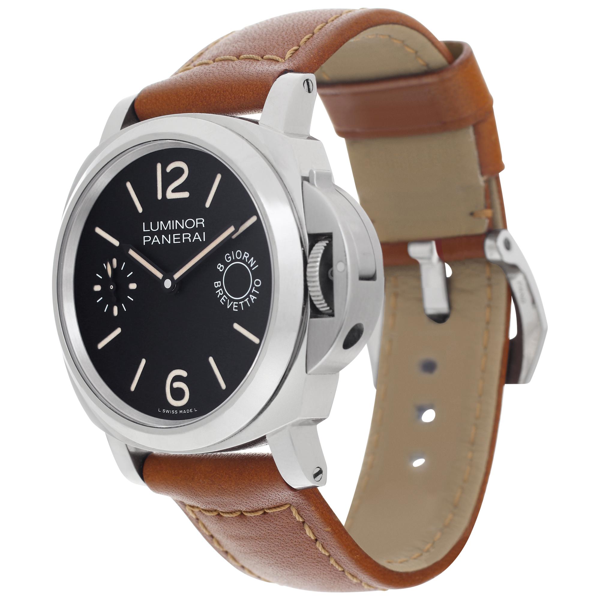 Panerai Luminor 8 Days in stainless steel on a leather strap. Manual w/ subseconds. 44 mm case size. Ref PAM00590. Fine Pre-owned Panerai Watch.

 Certified preowned Classic Panerai Luminor PAM00590 watch is made out of Stainless steel on a Brown