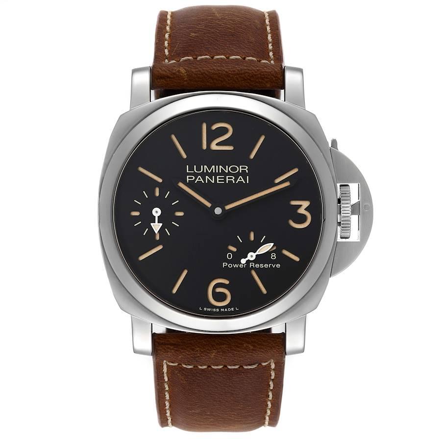 Panerai Luminor 8 Days 44mm Steel Mens Watch PAM00795 Box Papers. Automatic self-winding movement. Stainless steel cushion shaped case 44.0 mm in diameter. Panerai patented crown protector. Stainless steel sloped bezel. Scratch resistant sapphire