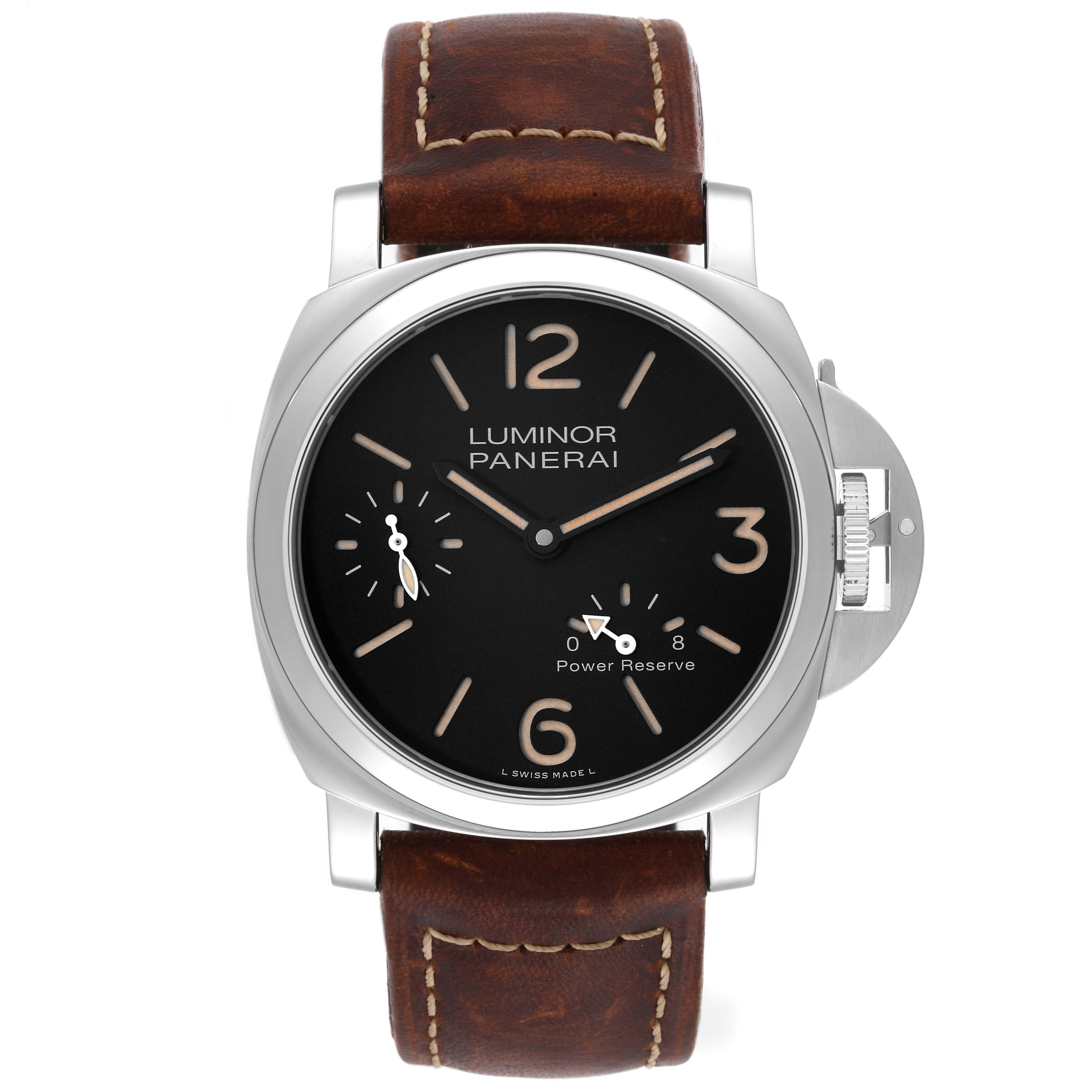 Panerai Luminor 8 Days 44mm Steel Mens Watch PAM00795. Automatic self-winding movement. Stainless steel cushion shaped case 44.0 mm in diameter. Panerai patented crown protector. Stainless steel sloped bezel. Scratch resistant sapphire crystal.