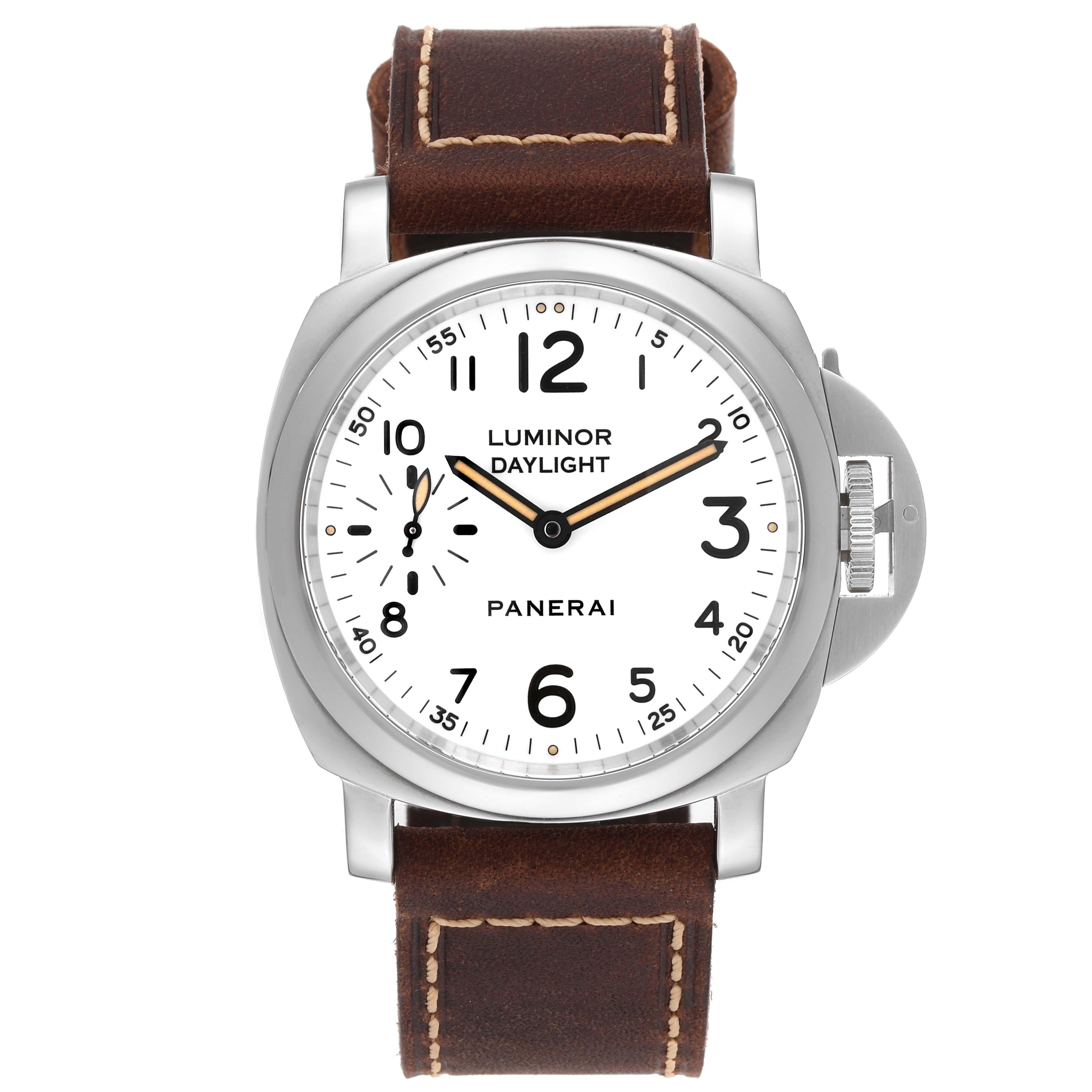 Panerai Luminor 8 Days Limited Edition Steel Mens Watch Set PAM00785 Box Papers. Manual winding movement. Power reserve 192 hours/8 days. Stainless steel and black DLC-coated steel cushion shaped case 44.0 mm in diameter. Panerai patented crown