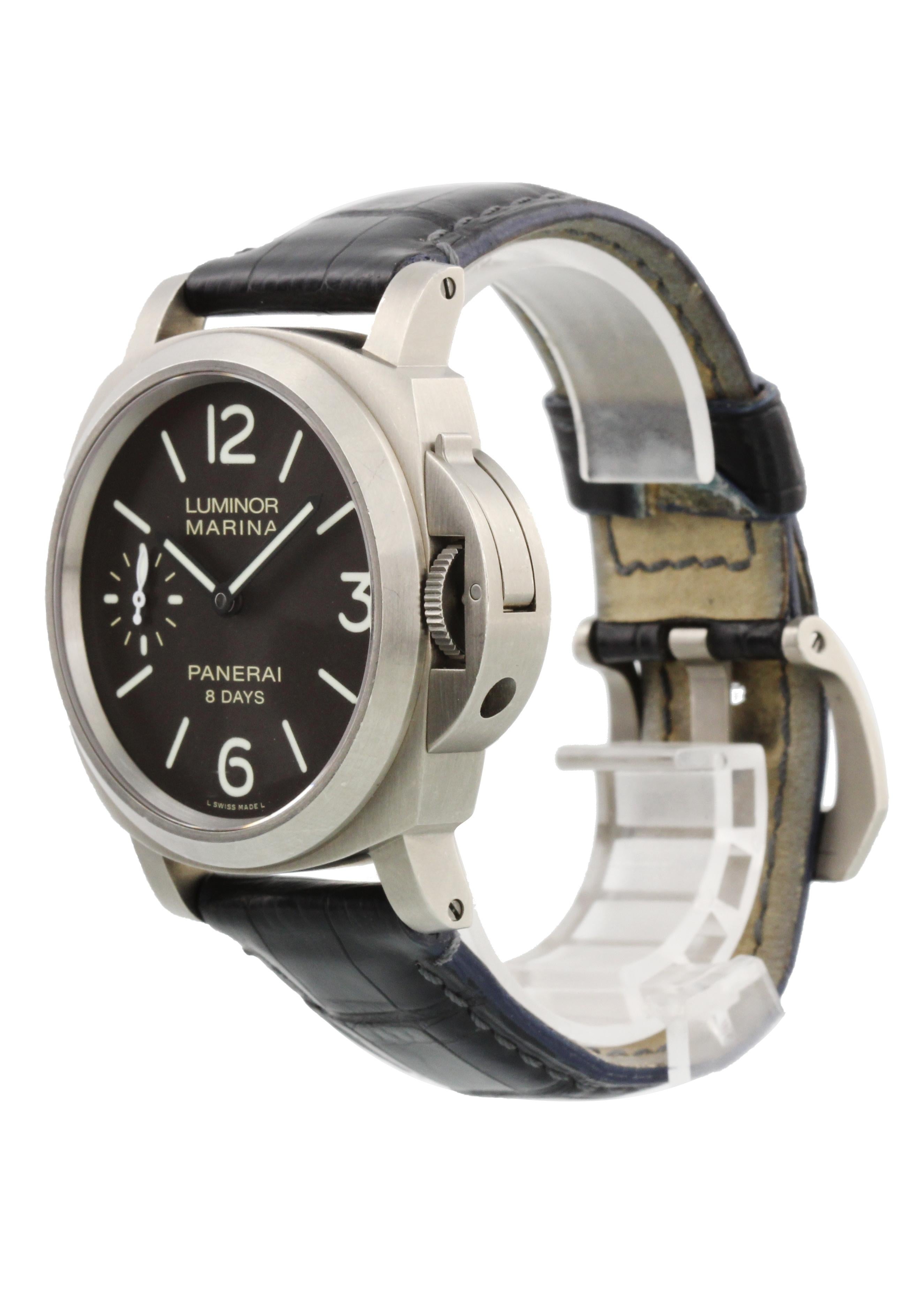 Panerai Luminor PAM00564 Men Watch. 44mm Titanium case. Titanium Stationary bezel. Brown dial with Luminous hands and index hour markers. Minute markers on the outer dial. Leather Alligator Strap with Buckle. Will fit up to an 8-inch wrist. Sapphire