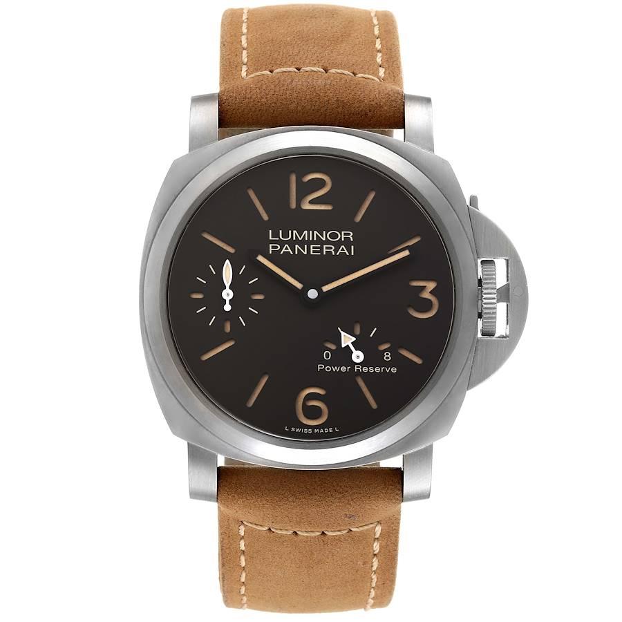 Panerai Luminor 8 Days Titanium Brown Dial Mens Watch PAM00797 Box Card. Manual winding movement. Two part cushion shaped titanium case 44.0 mm in diameter. Panerai patented crown protector. Titanium sloped bezel. Scratch resistant sapphire crystal.