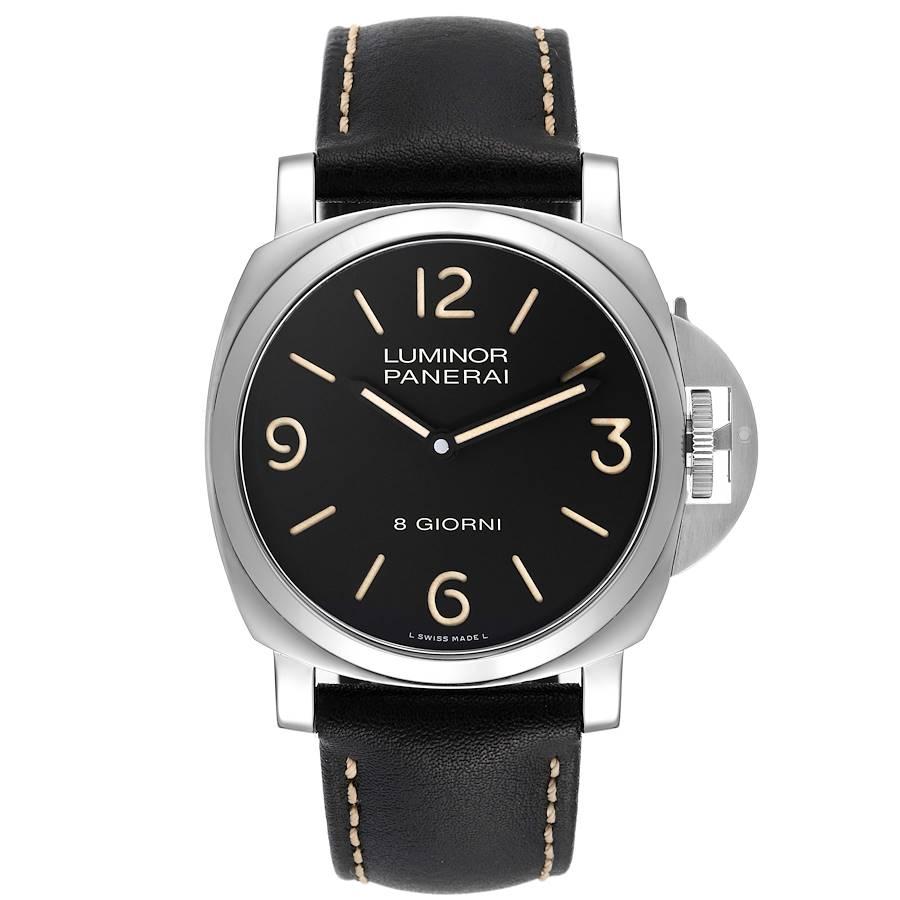 Panerai Luminor 8 Giorni Black Dial Steel Mens Watch PAM00914 Box Card. Manual winding movement. Two part cushion shaped stainless steel case 44mm in diameter. Exhibition transparent sapphire crystal case back. Brushed stainless steel Panerai