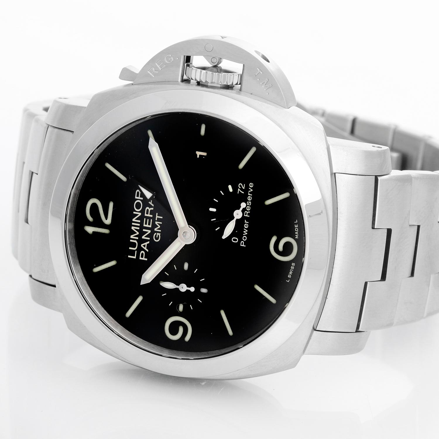 Panerai Luminor Acciaio 1950 3-Day GMT PAM 347 - Automatic . Stainless steel ( 44 mm ). Black dial with Index and Arabic numerals;  GMT/ Wold Time, Date, Power Reserve. Stainless steel bracelet with folding buckle ; includes new black rubber strap.