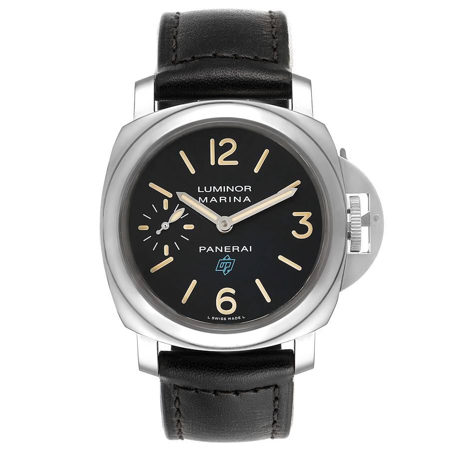 Panerai Luminor Acciaio Logo 44mm Steel Mens Watch PAM00631 Box Papers. Manual winding movement. Stainless steel cushion shaped case 44 mm in diameter. Panerai patented crown protector. Stainless steel sloped bezel. Scratch resistant sapphire