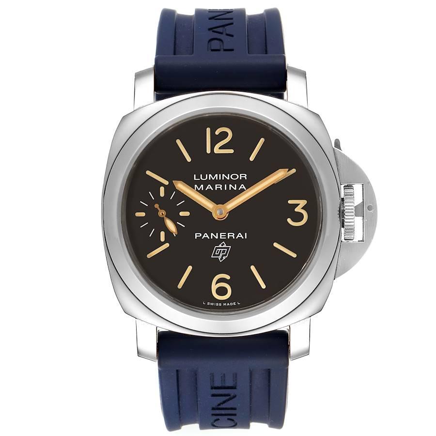 Panerai Luminor Acciaio Logo Tropical Brown Dial 44mm Watch PAM00632 Box Card. Manual winding movement. Stainless steel cushion shaped case 44 mm in diameter. Panerai patented crown protector. Stainless steel sloped bezel. Scratch resistant sapphire