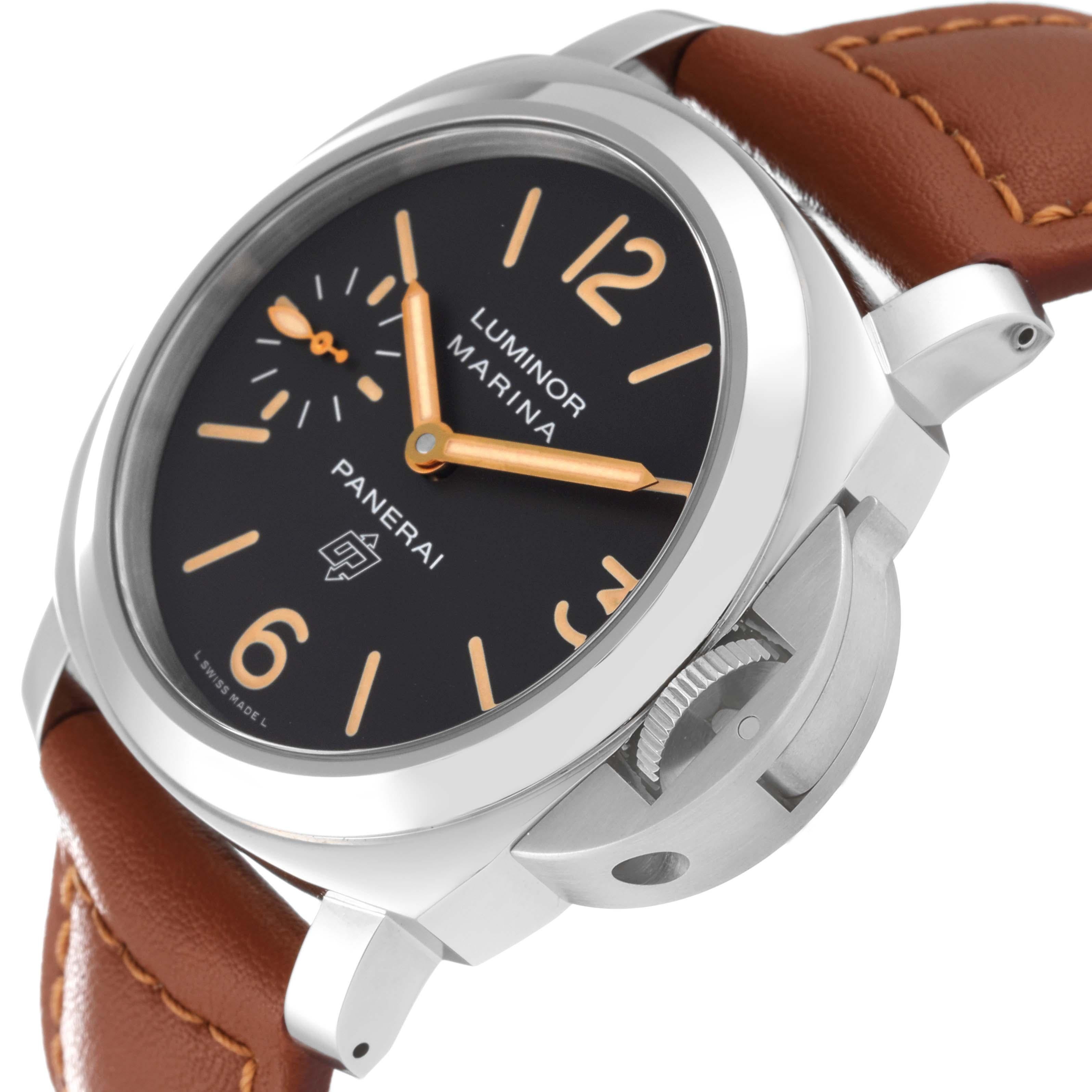 Panerai Luminor Acciaio Logo Tropical Brown Dial Steel Mens Watch PAM00632 Box Card. Manual winding movement. Stainless steel cushion shaped case 44 mm in diameter. Panerai patented crown protector. Stainless steel sloped bezel. Scratch resistant