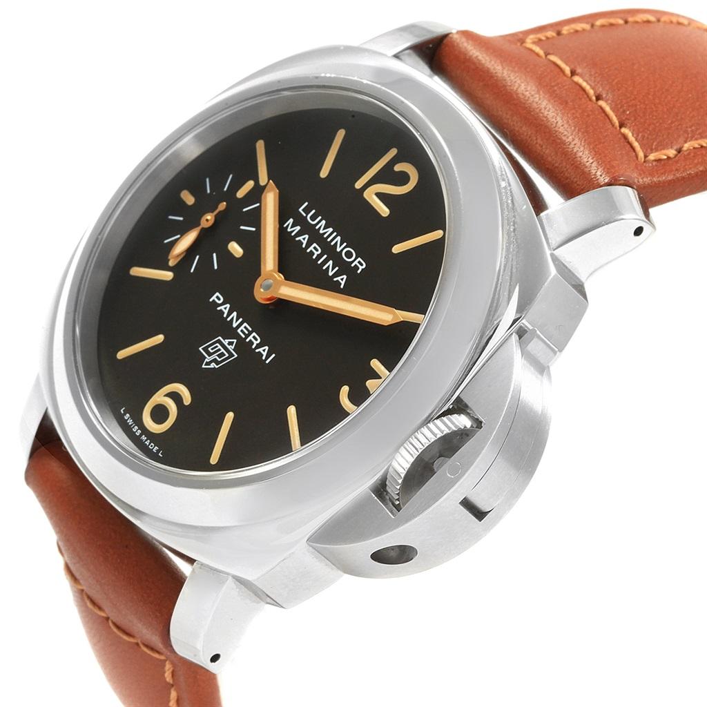 Panerai Luminor Acciaio Logo Tropical Brown Dial 44mm Watch PAM00632. Manual winding movement. Stainless steel cushion shaped case 44 mm in diameter. Panerai patented crown protector. Stainless steel sloped bezel. Scratch resistant sapphire crystal.