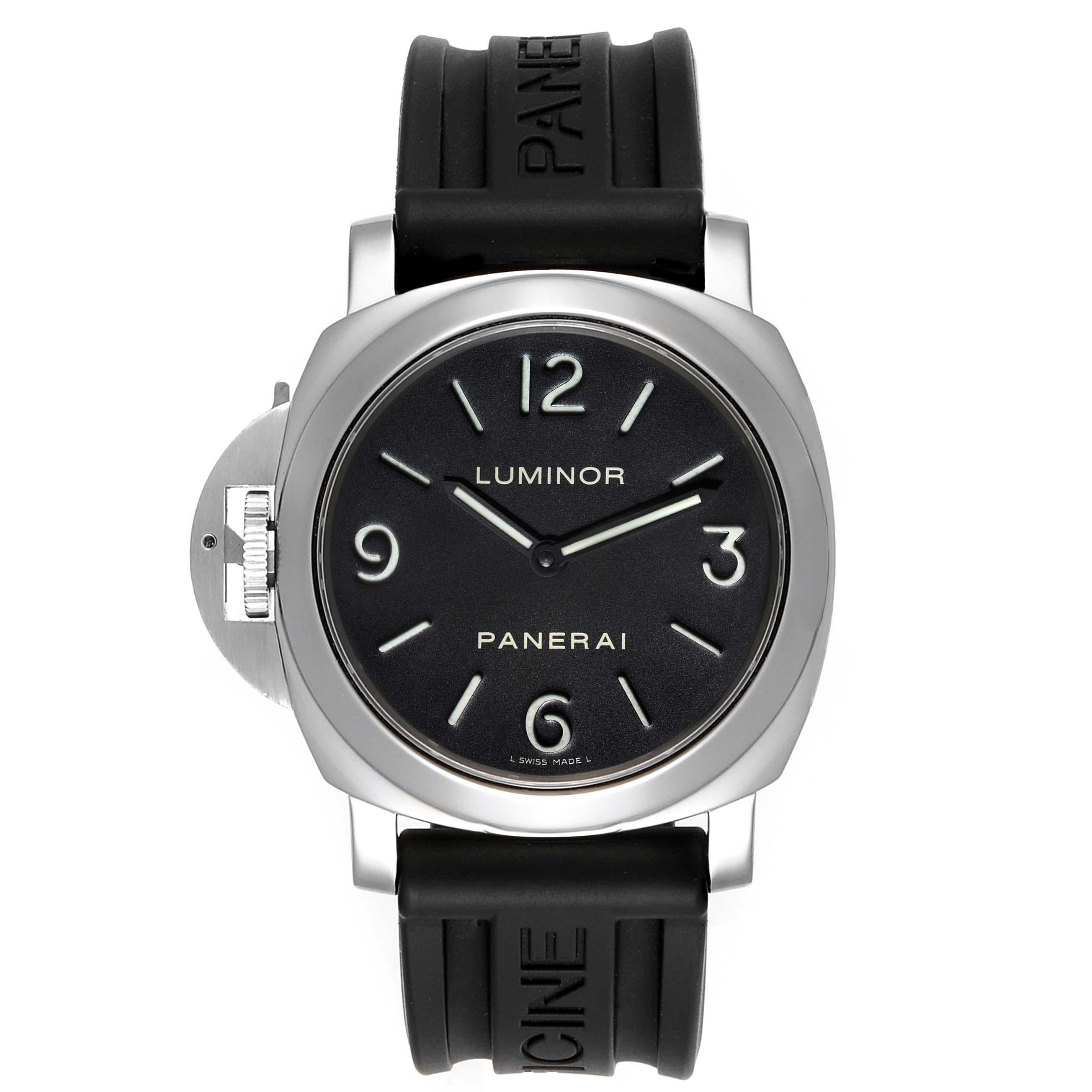 Panerai Luminor Base 44mm Left Handed Watch PAM219 PAM00219. Manual-winding movement. Two part cushion shaped polished stainless steel case 44.0 mm in diameter. Panerai patented crown protector. Exhibition case back. Polished stainless steel sloped