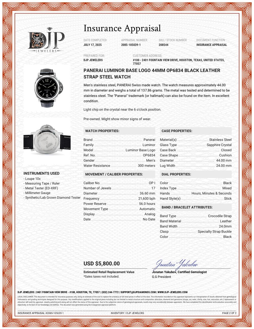 Panerai Luminor Base Logo 44MM OP6834 Black Leather Strap Steel Watch en vente 6