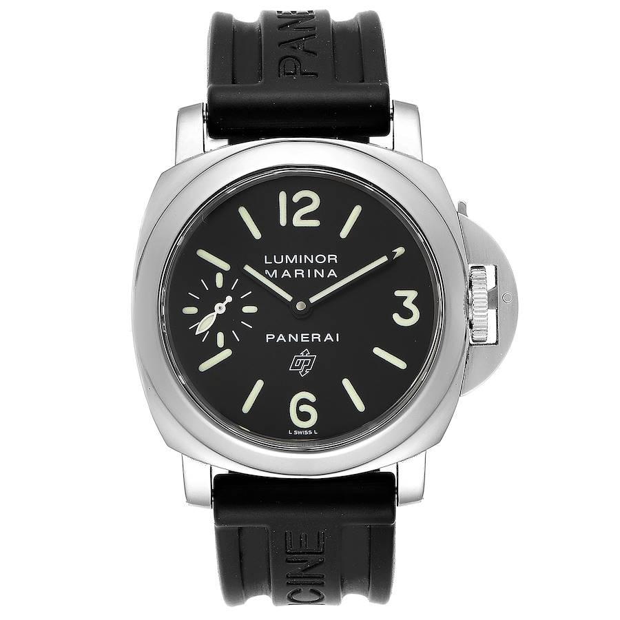 Panerai Luminor Base Logo 44mm Steel Mens Watch PAM000 PAM00000. Manual-winding movement. Two part cushion shaped polished stainless steel case 44 mm in diameter. Panerai patented crown protector. Polished stainless steel sloped bezel. Scratch