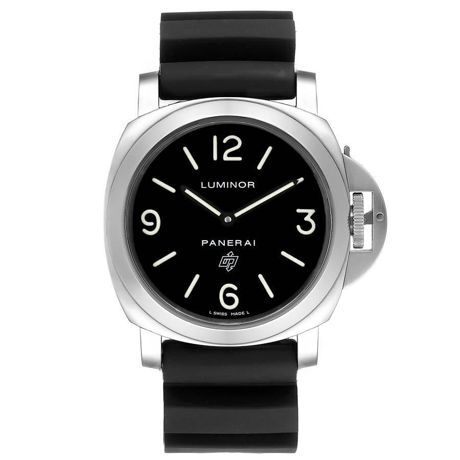 Panerai Luminor Base Logo 44mm Steel Mens Watch PAM00000 Box Card. Manual-winding movement. Two part cushion shaped polished stainless steel case 44 mm in diameter. Panerai patented crown protector. Polished stainless steel sloped bezel. Scratch