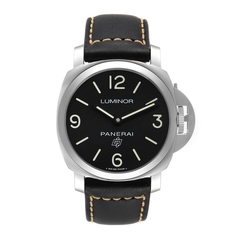 Panerai Luminor Base Logo 44mm Steel Mens Watch PAM00773 Box Papers. Manual-winding movement. Two part cushion shaped polished stainless steel case 44 mm in diameter. Panerai patented crown protector. Polished stainless steel sloped bezel. Scratch