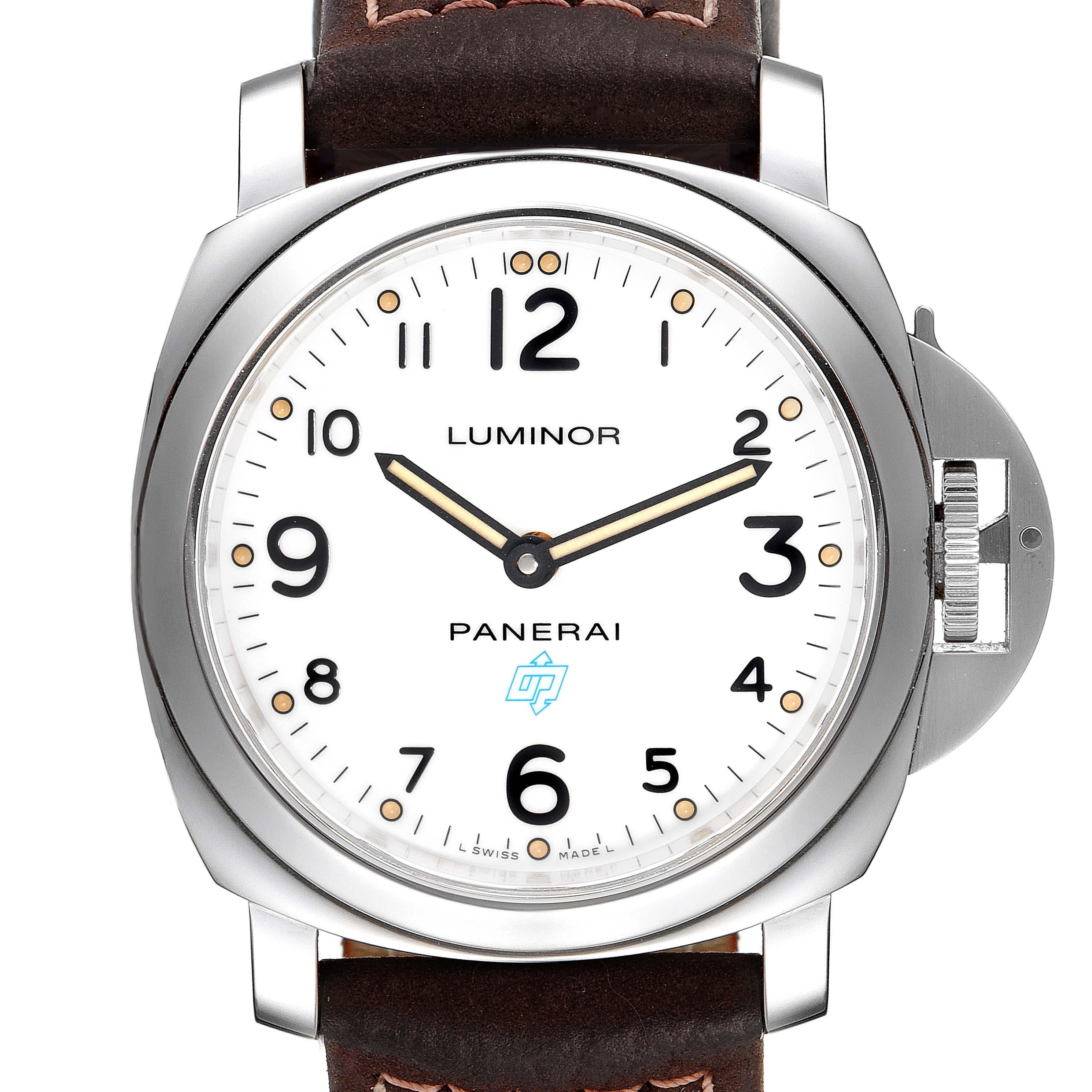 Panerai Luminor Base Logo Acciaio 44mm Steel Mens Watch PAM00630. Manual winding movement. Stainless steel cushion shaped case 44.0 mm in diameter. Panerai patented crown protector. Stainless steel sloped bezel. Scratch resistant sapphire crystal.