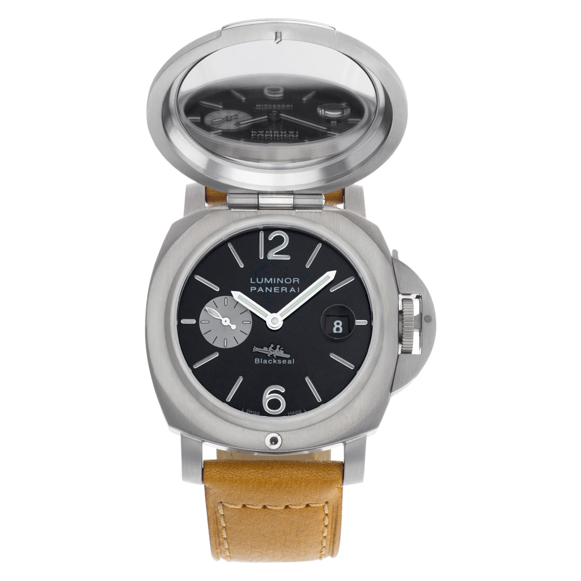 Panerai Luminor Blackseal for Purdey in titanium on leather strap. Auto w/ subseconds and date. 44 mm case size. Hinged dial cover features Italian Navy special forces on a manned torpedo. With box, certificates, booklets, guarantee card, tool,