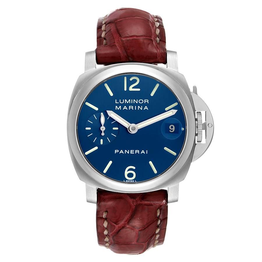 Panerai Luminor Blue Dial Automatic Steel Mens Watch PAM00119 Box Papers. Automatic self-winding movement. Two part cushion shaped stainless steel case 40.0 mm in diameter. Panerai patented crown protector. Polished stainless steel sloped bezel.