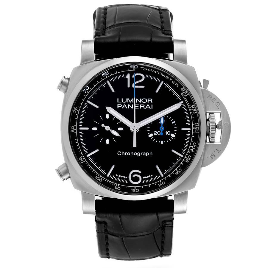 Panerai Luminor Chrono Black Dial Steel Mens Watch PAM01109 Box Card. Automatic self-winding Chronograph movement. Has a power reserve of approximately 42 hours. Two part cushion shaped brushed stainless steel case 44.0 mm in diameter. Panerai