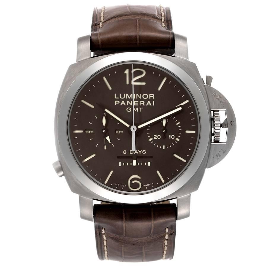 Panerai Luminor Chrono Monopulsante 8 Day GMT Titanium Watch PAM00311 Box Papers. Manual winding movement with GMT and Chronograph functions. 8 Day power reserve. Two part cushion shaped titanium case 44.0 mm in diameter. Case thickness: 19 mm.