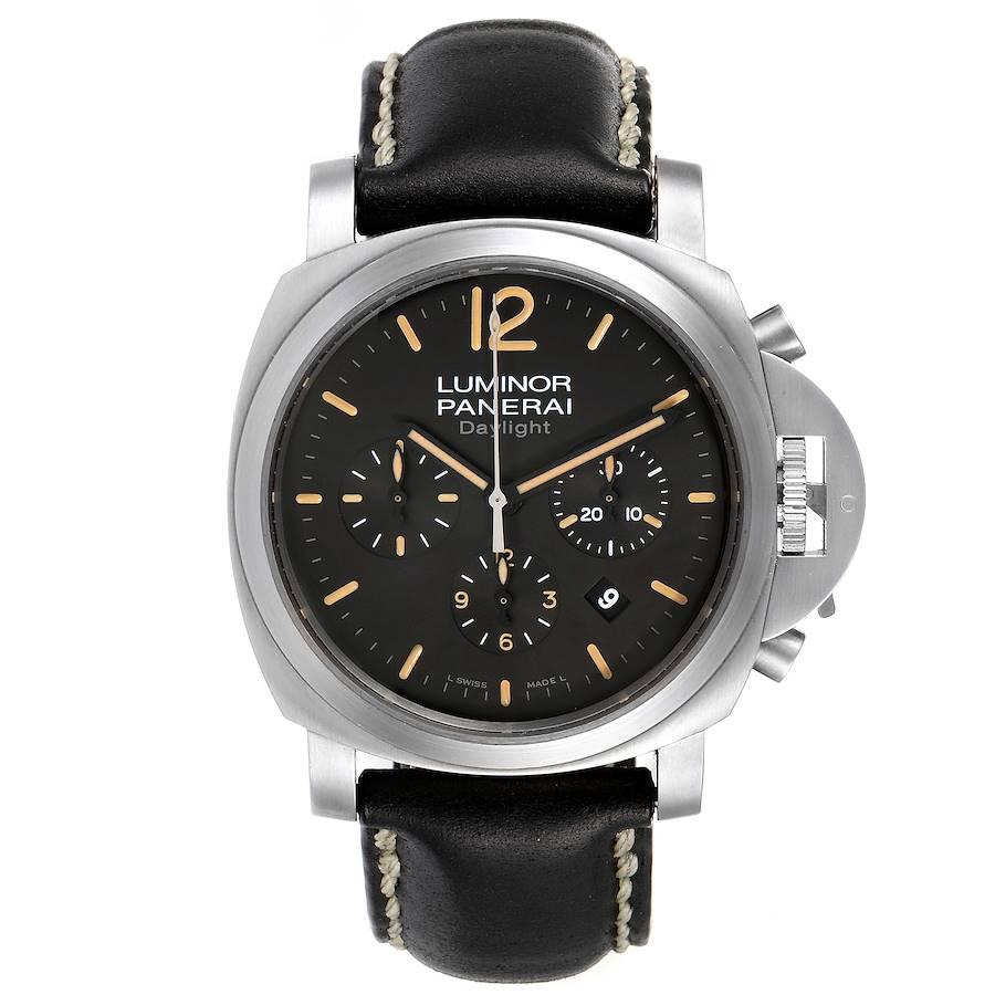 Panerai Luminor Daylight Chronograph Steel Mens Watch PAM00356 Box Papers. Automatic self-winding movement. Two part cushion shaped stainless steel case 44.0 mm in diameter. Case thickness: 15 mm. Panerai patented crown protector. Stainless steel