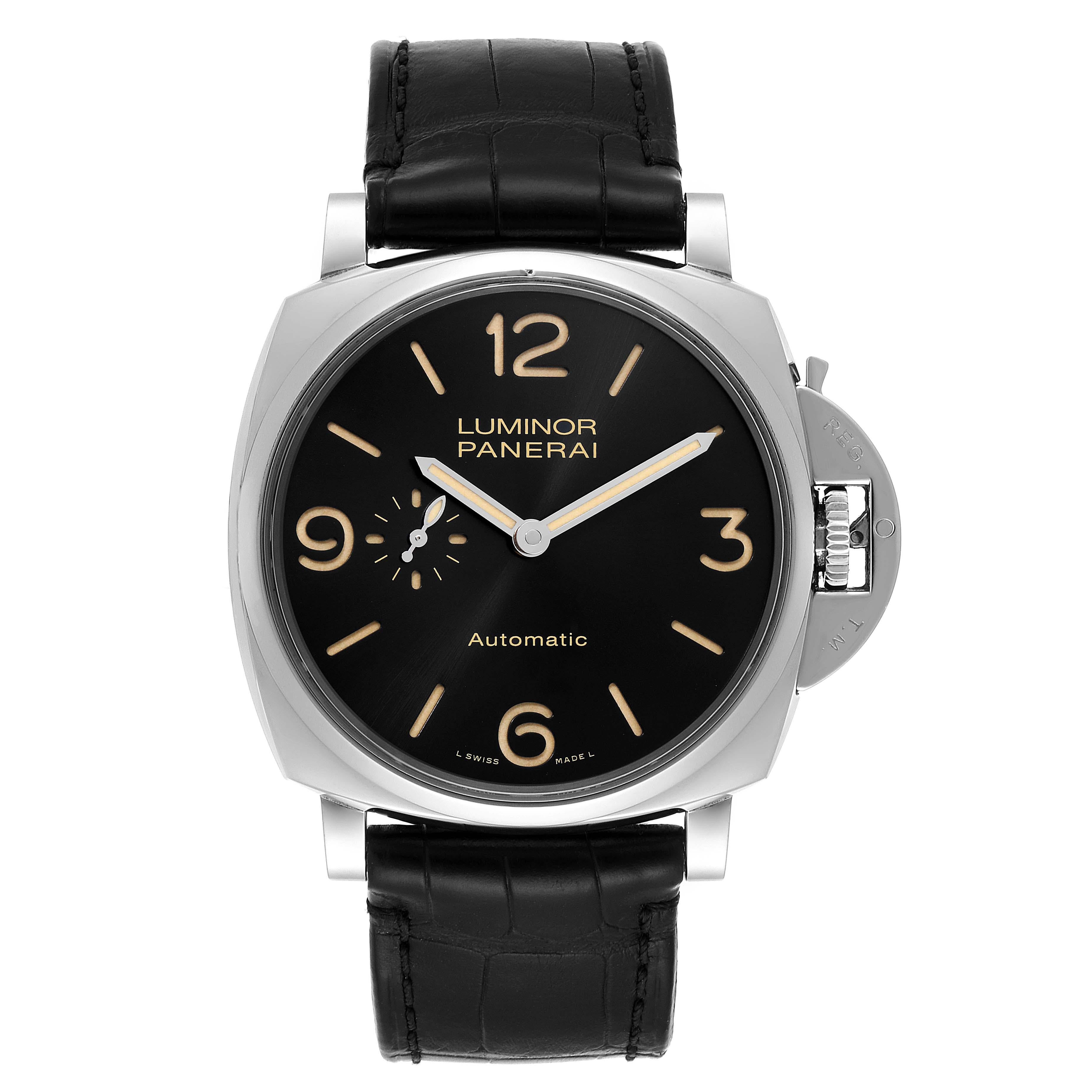 Panerai Luminor Due 3 Days 45mm Mens Watch PAM00674 Box Papers. Automatic self-winding movement. Two part cushion shaped steel case 45.0 mm in diameter. Exhibition sapphire crystal case back. Panerai patented crown protector. Steel sloped polished