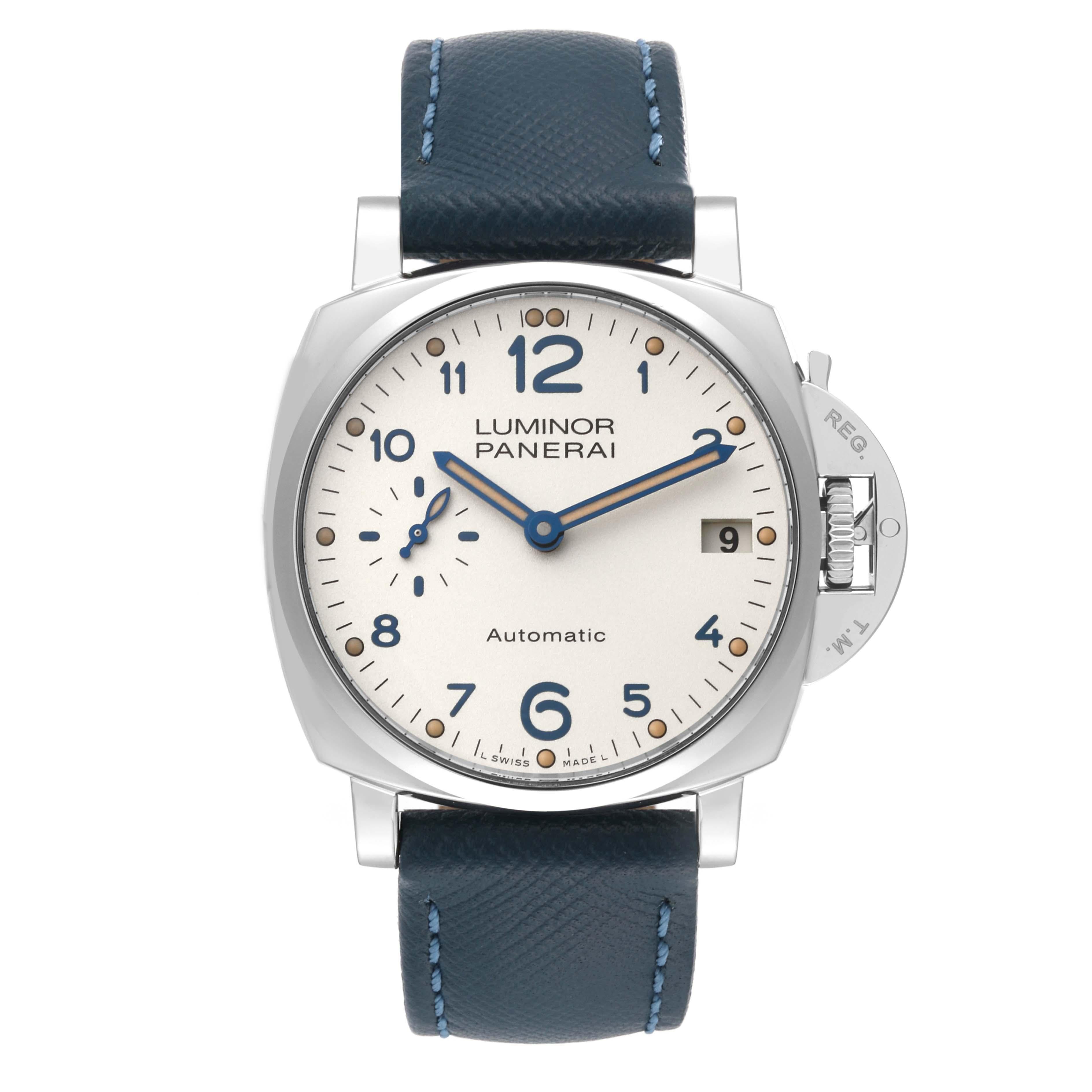 Panerai Luminor Due 38 mm Steel Ivory Dial Mens Watch PAM00903 Box Papers. Automatic self-winding movement. Two part cushion shaped steel case 38.0 mm in diameter. Panerai patented crown protector. Stainless steel sloped polished bezel. Scratch
