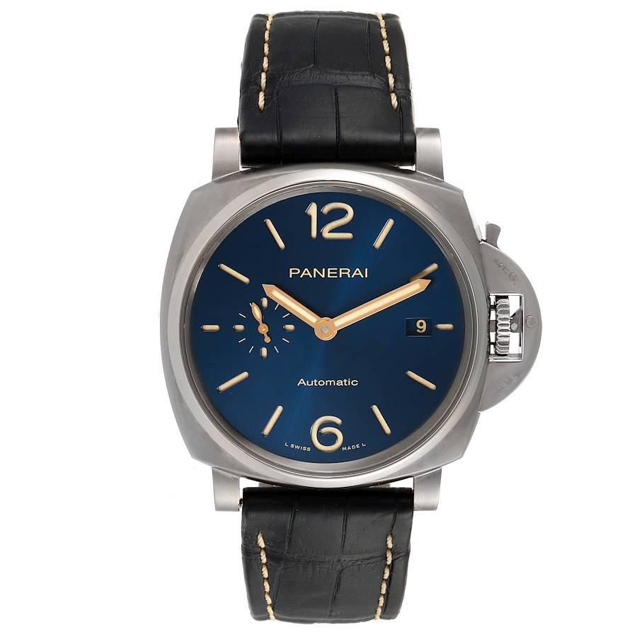 Panerai Luminor Due 42mm Blue Dial Titanium Mens Watch PAM00927 Box Card. Automatic self-winding movement. Two part cushion shaped titanium case 42.0 mm in diameter. Panerai patented crown protector. Case thickness 10.8mm. Polished titanium sloped