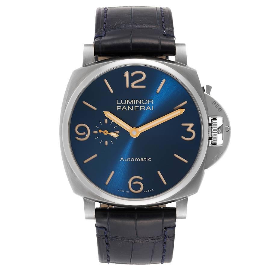 Panerai Luminor Due 45mm Blue Dial Titanium Mens Watch PAM00729. Automatic self-winding movement. Two part cushion shaped titanium case 45.0 mm in diameter. Panerai patented crown protector. Case thickness 10.8mm. Polished titanium sloped bezel.