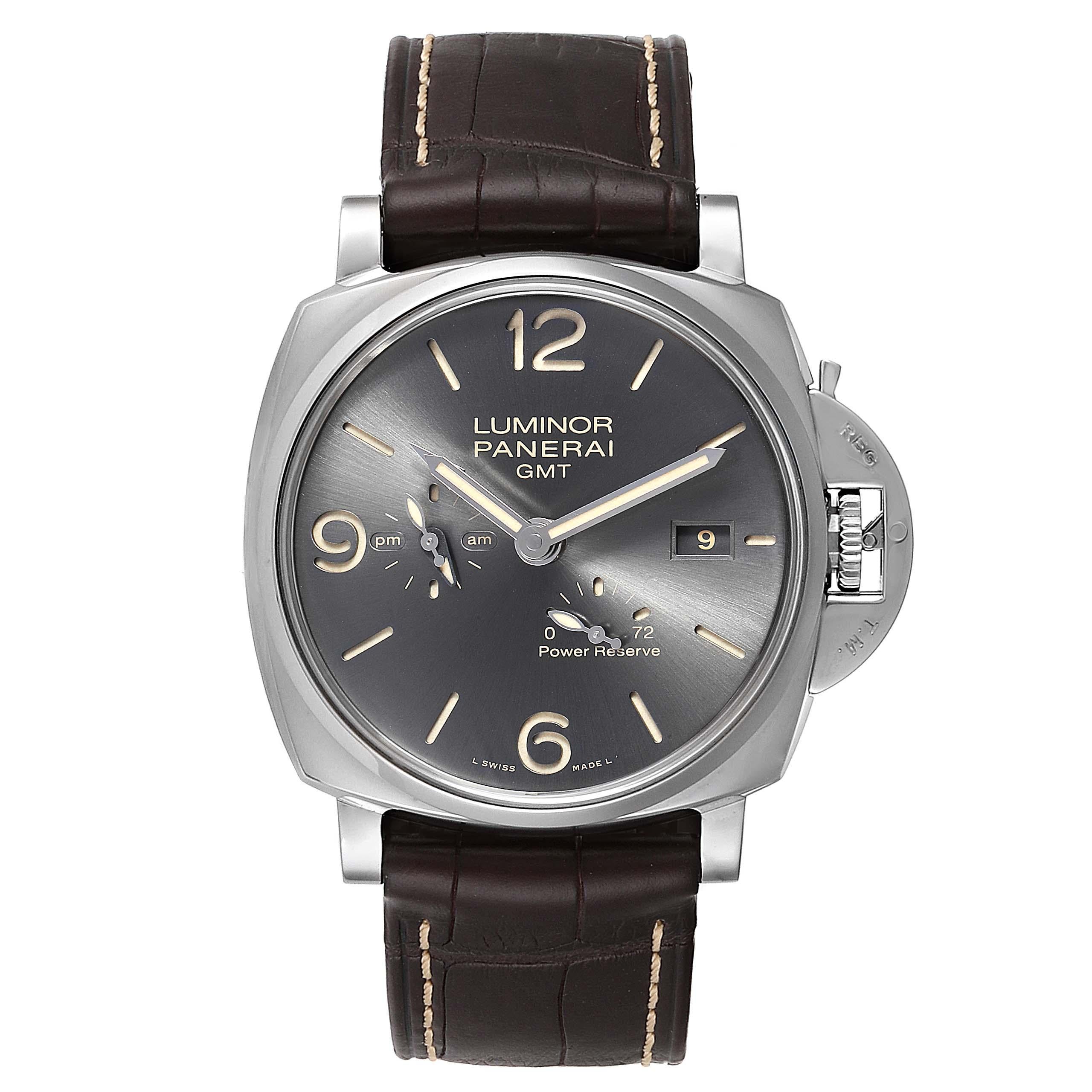 Panerai Luminor Due GMT Anthracite Dial Automtic Mens Watch PAM00944. Automatic self-winding movement. Stainless steel cushion shaped case 45.0 mm in diameter. Polished Panerai patented crown protector. Exhibition sapphire crystal case back.
