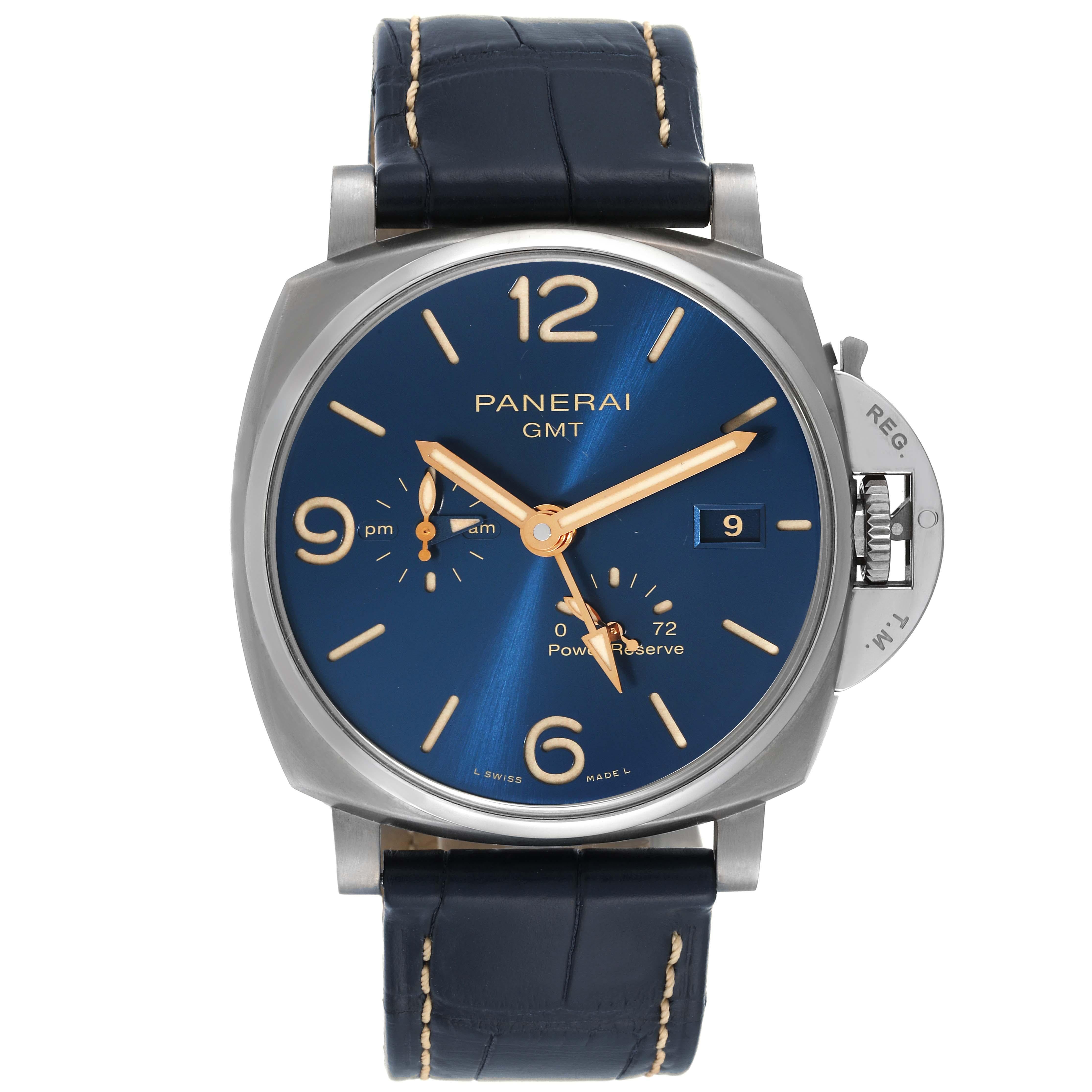 Panerai Luminor Due GMT Automatic Titanium Mens Watch PAM00964 Box Card. Automatic self-winding movement. Titanium cushion-shaped case 45.0 mm in diameter. Polished Panerai patented crown protector. Exhibition transparent sapphire crystal caseback.